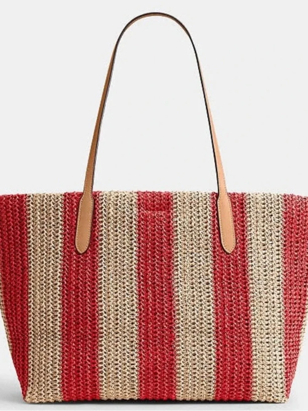NWT COACH THE CITY TOTE BAG RED/TAN Striped Straw Tote Leather Logo, Handles.